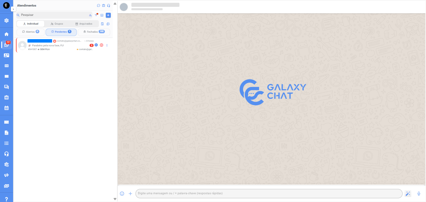 Tela de multiatendimento da Galaxy Chat unificando WhatsApp, Instagram Direct e E-mails