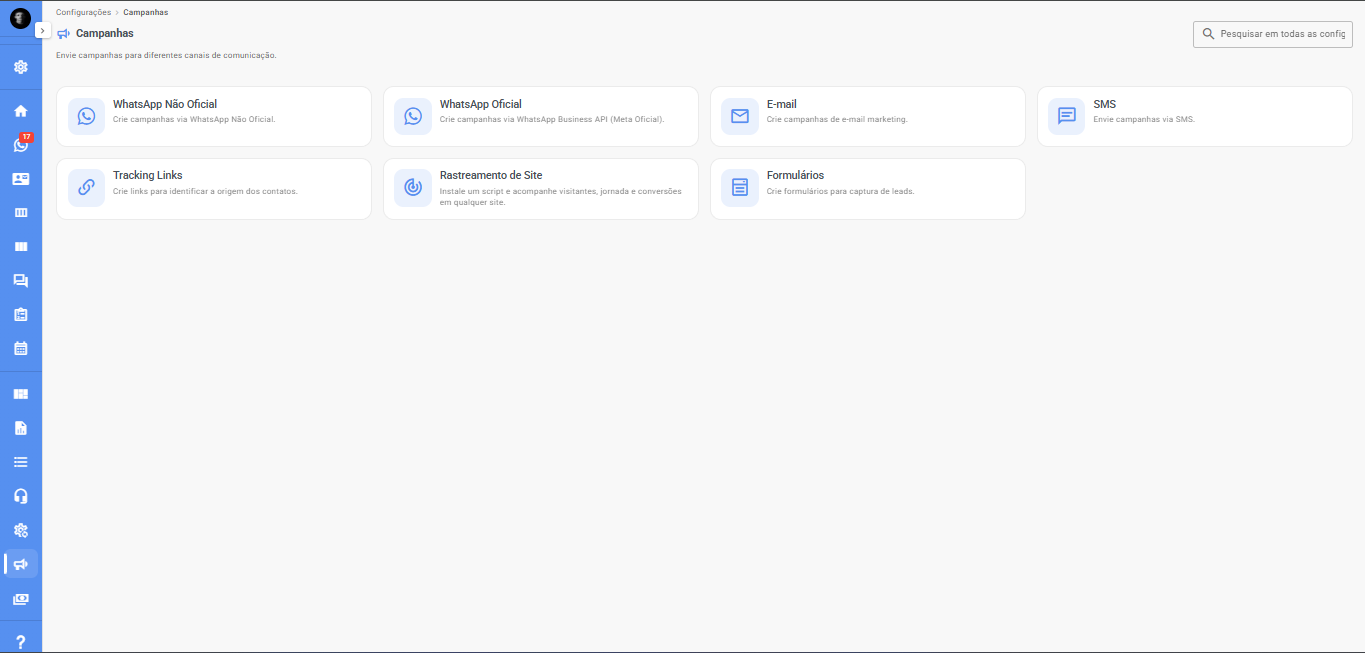 Painel de campanhas e reativação de clientes no WhatsApp Oficial, SMS, E-mail e Tracking Links da Galaxy Chat