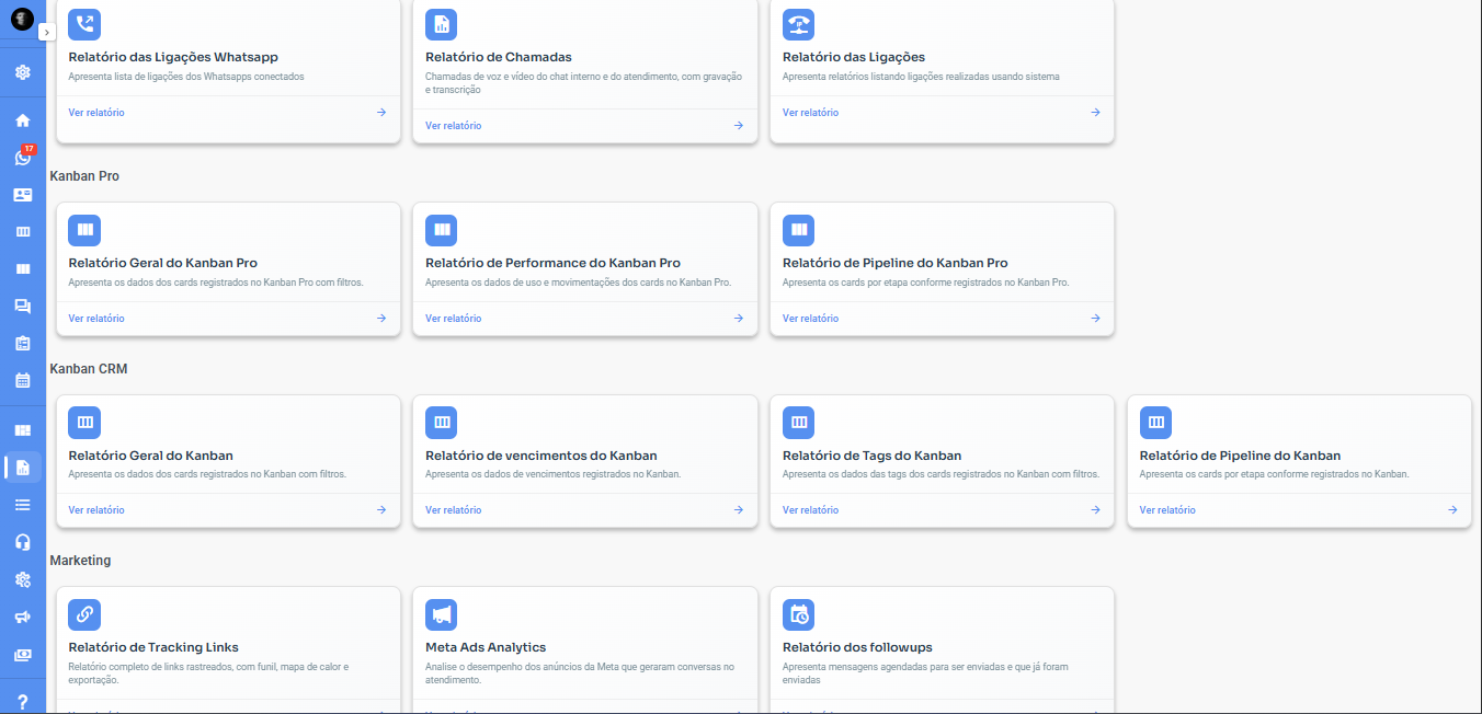 Relatórios gerenciais, funil CRM Kanban e links de rastreio Meta Ads